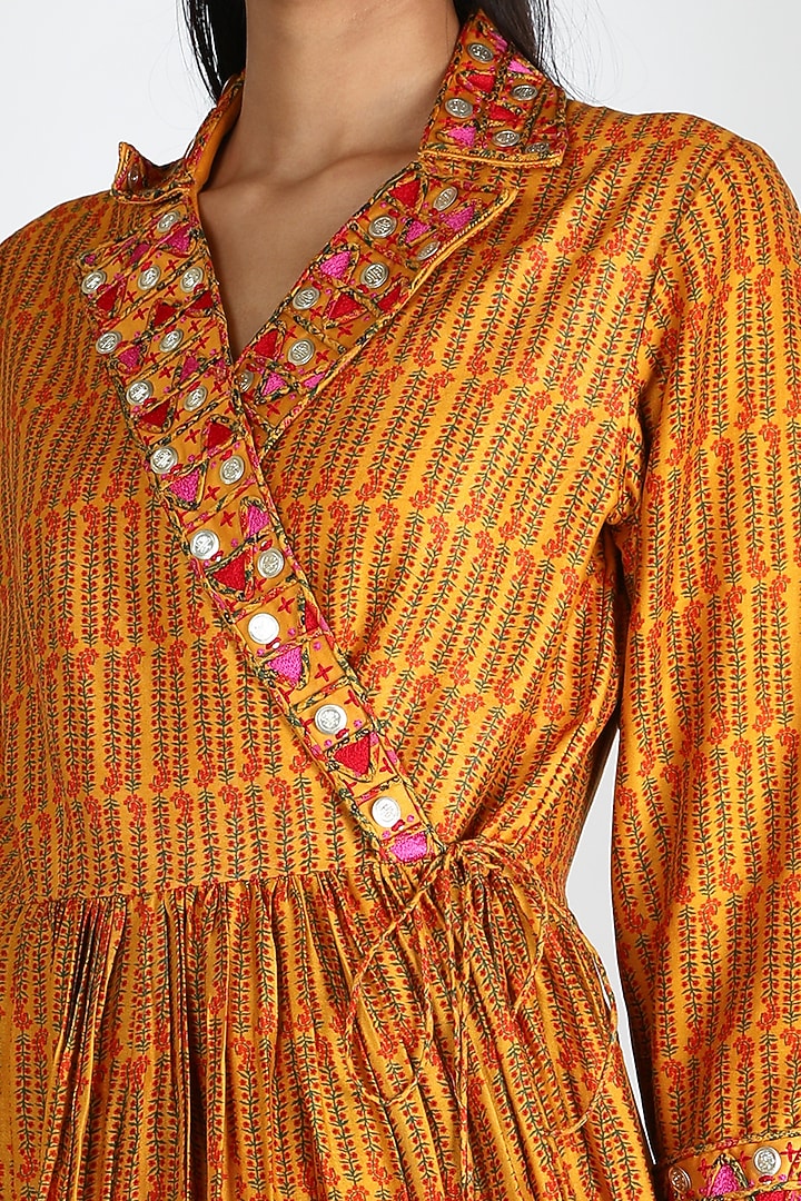 Mustard Printed Angarakha Kurta With Pants by Punit Balana at Pernia's Pop Up Shop