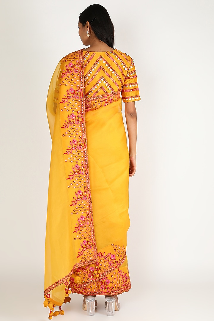 Mustard Embroidered Wedding Saree Set by Punit Balana at Pernia's Pop Up Shop