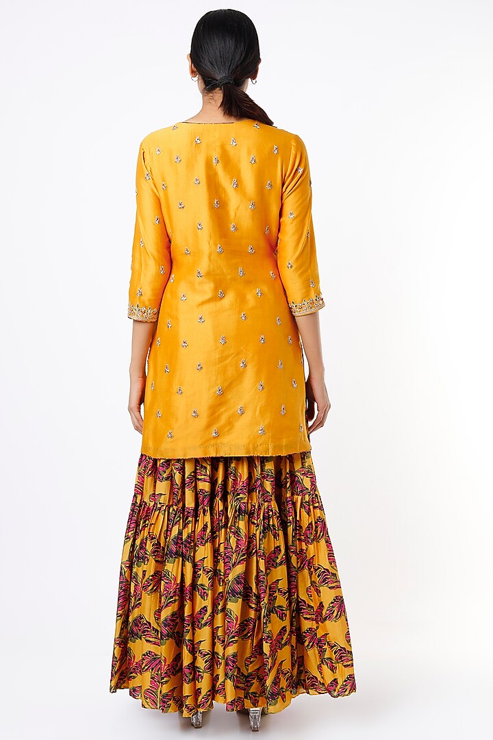 Mustard Chanderi Silk Printed Gharara Set by Punit Balana at Pernia's Pop Up Shop