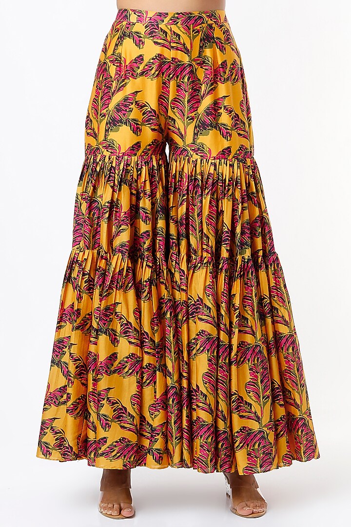 Mustard Chanderi Silk Printed Gharara Set by Punit Balana at Pernia's Pop Up Shop