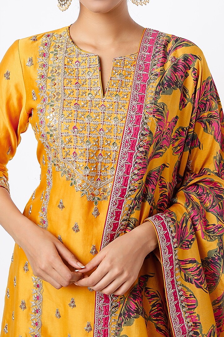Mustard Chanderi Silk Printed Gharara Set by Punit Balana at Pernia's Pop Up Shop