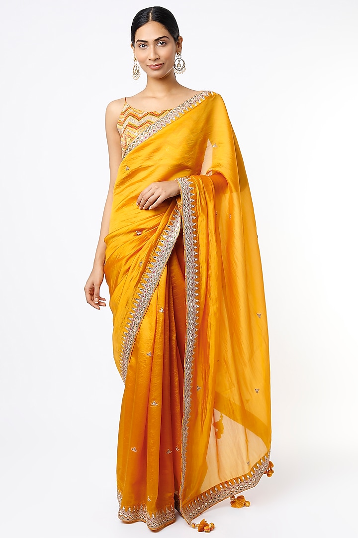 Mustard Organza Silk Wedding Saree Set by Punit Balana at Pernia's Pop Up Shop