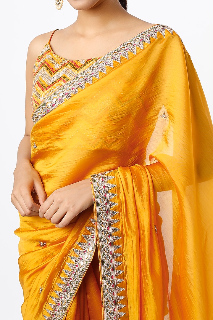 Mustard Organza Silk Wedding Saree Set by Punit Balana at Pernia's Pop Up Shop