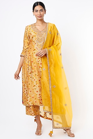 Mustard Embroidered Kurta Set by Punit Balana