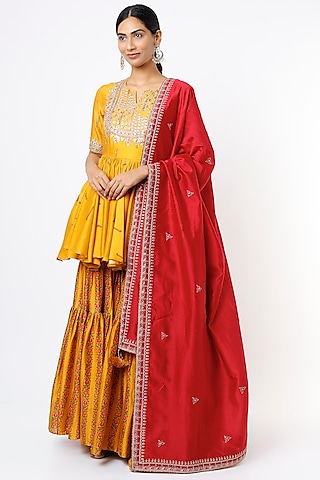 Mustard Chanderi Silk Gharara Set by Punit Balana