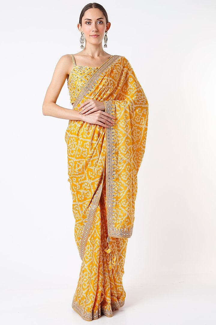 Mustard Bandhani Embroidered Saree Set by Punit Balana