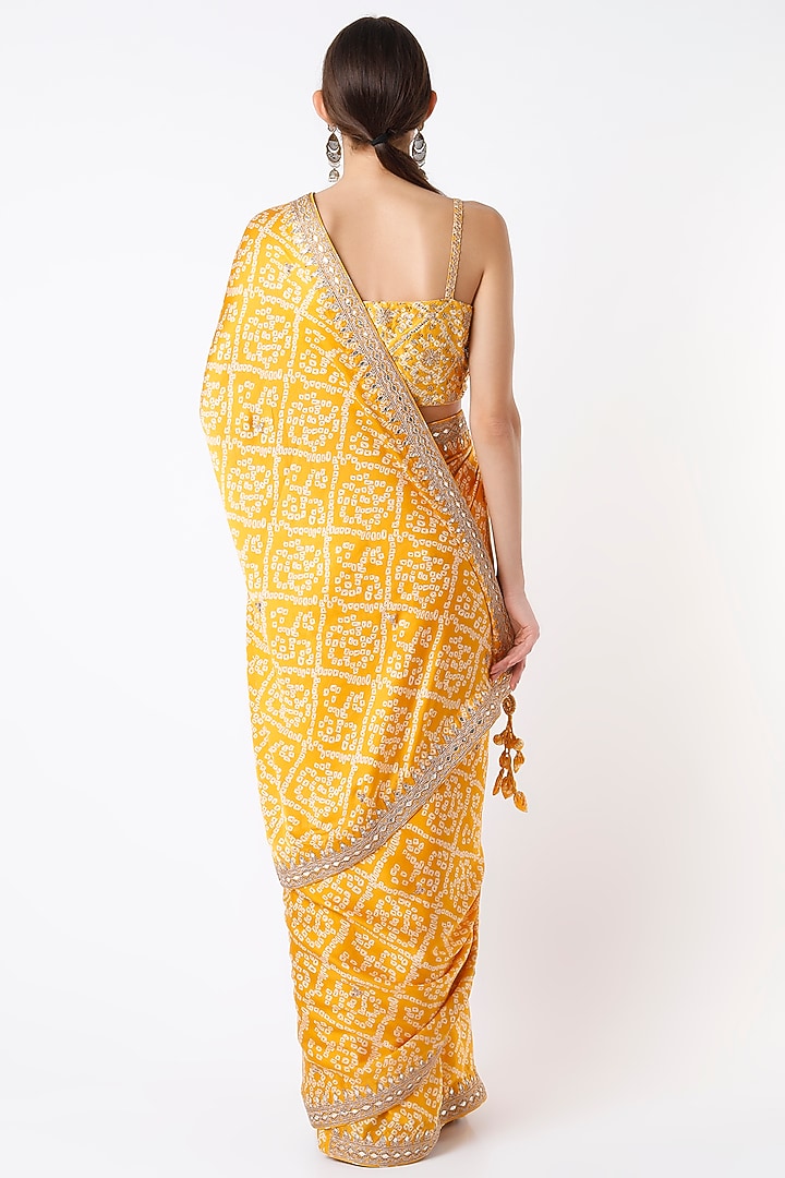 Mustard Bandhani Embroidered Wedding Saree Set by Punit Balana at Pernia's Pop Up Shop