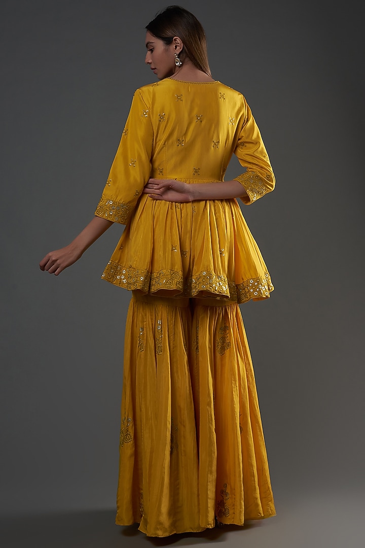Yellow Satin Silk Gharara Set by Punit Balana at Pernia's Pop Up Shop
