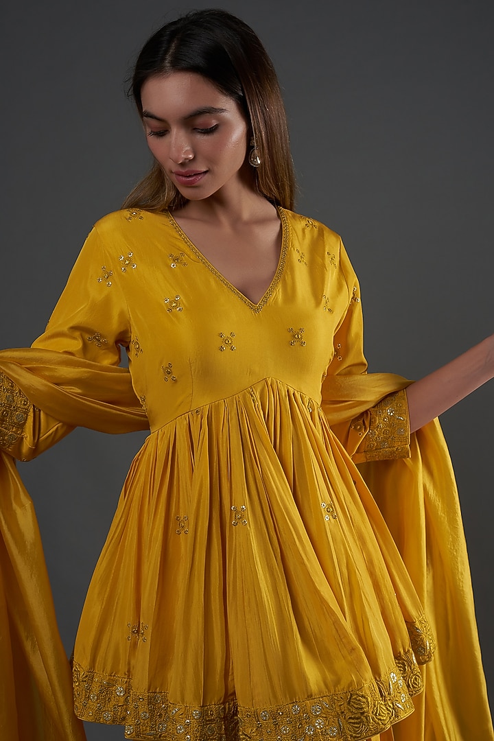Yellow Satin Silk Gharara Set by Punit Balana at Pernia's Pop Up Shop