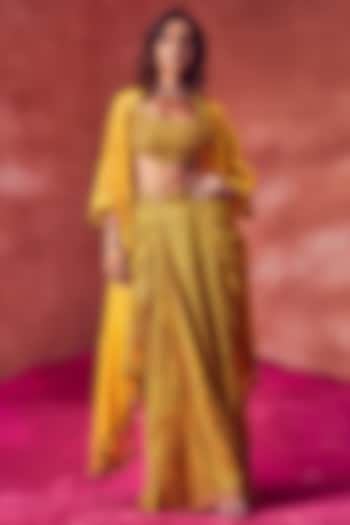Yellow Satin Silk Printed Draped Skirt Set by Punit Balana