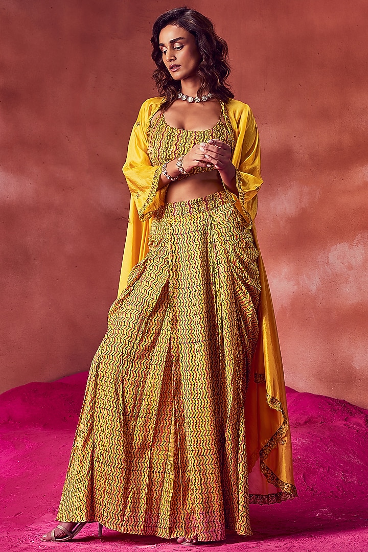 Yellow Satin Silk Printed Draped Skirt Set by Punit Balana at Pernia's Pop Up Shop