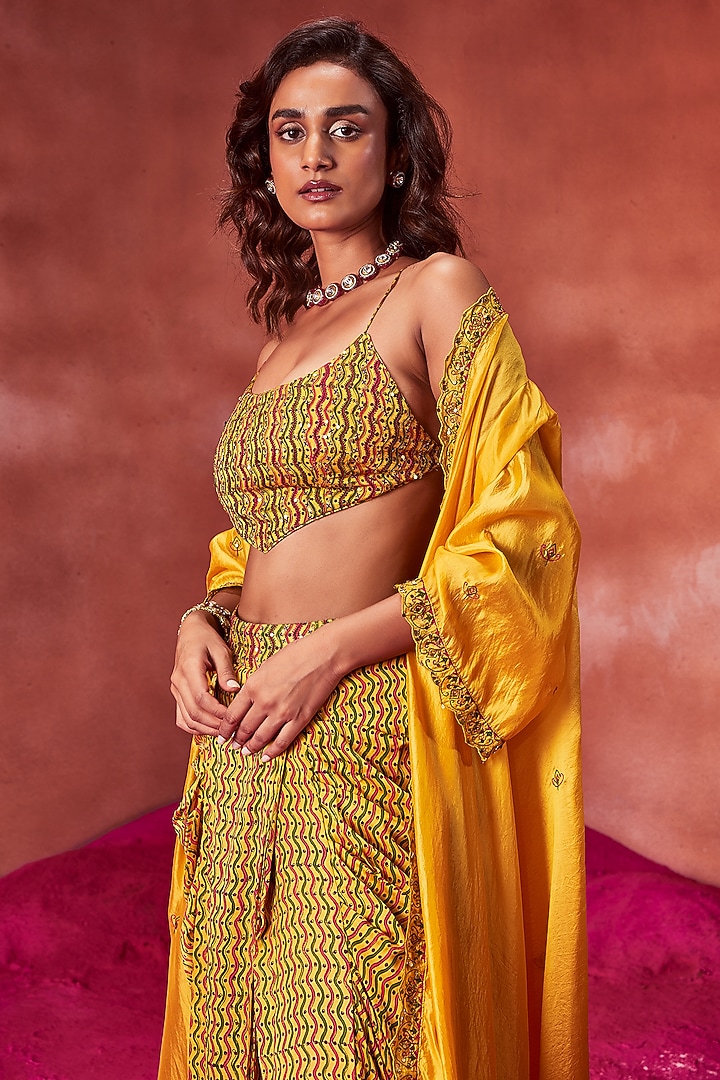 Yellow Satin Silk Printed Draped Skirt Set by Punit Balana at Pernia's Pop Up Shop