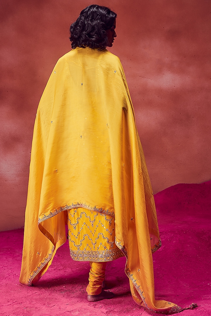 Yellow Silk & Organza Silk Embroidered Kurta Set by Punit Balana at Pernia's Pop Up Shop