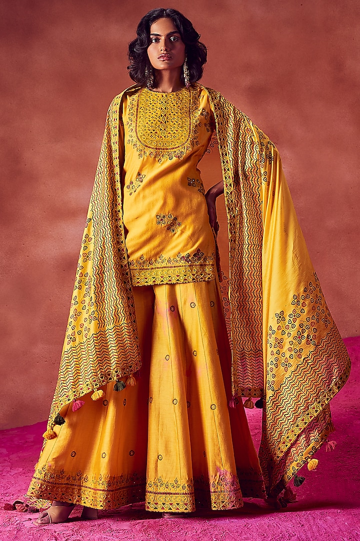 Yellow Chanderi Silk Sharara Set by Punit Balana