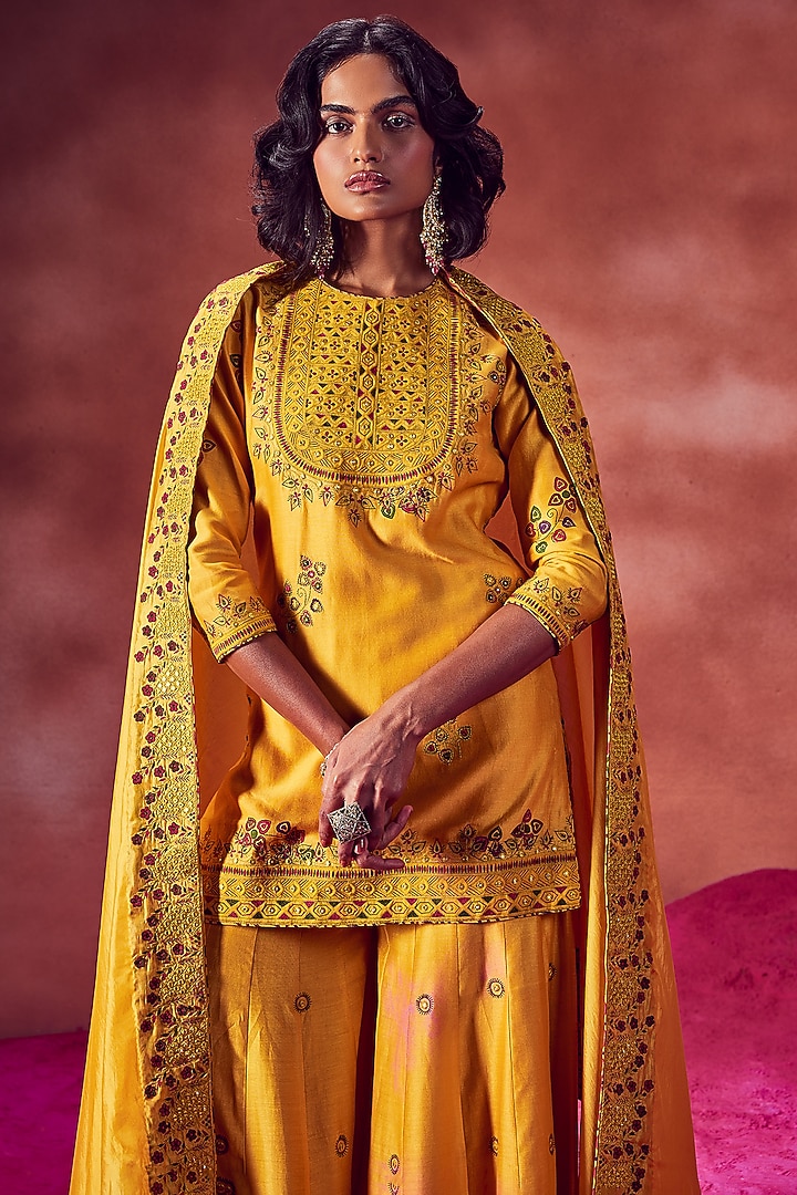 Yellow Chanderi Silk Wedding Sharara Set by Punit Balana at Pernia's Pop Up Shop