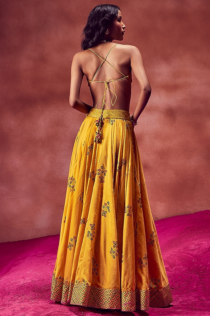 Yellow Chanderi Silk Hand Block Printed & Embroidered Wedding Lehenga Set by Punit Balana at Pernia's Pop Up Shop