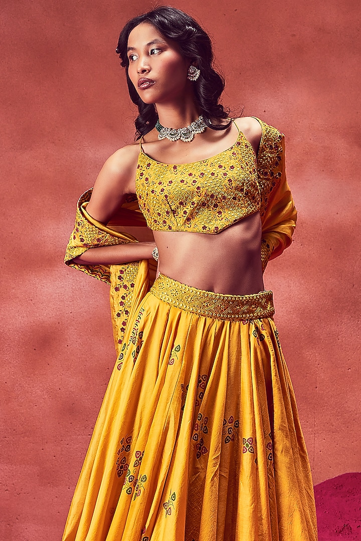 Yellow Chanderi Silk Hand Block Printed & Embroidered Wedding Lehenga Set by Punit Balana at Pernia's Pop Up Shop