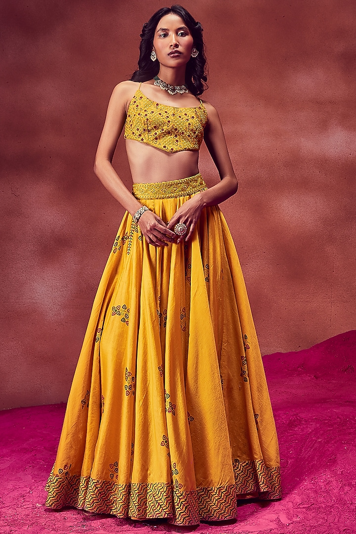 Yellow Chanderi Silk Hand Block Printed & Embroidered Wedding Lehenga Set by Punit Balana at Pernia's Pop Up Shop