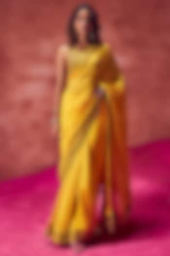 Yellow Organza Silk Embroidered Wedding Saree Set by Punit Balana at Pernia's Pop Up Shop