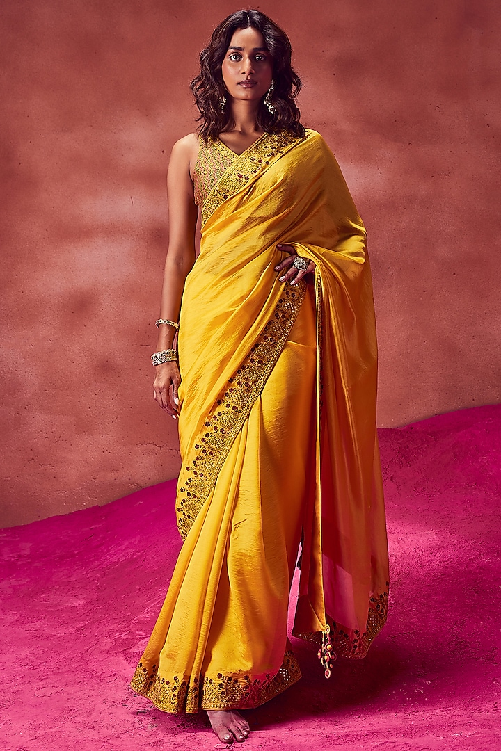 Yellow Organza Silk Embroidered Saree Set by Punit Balana