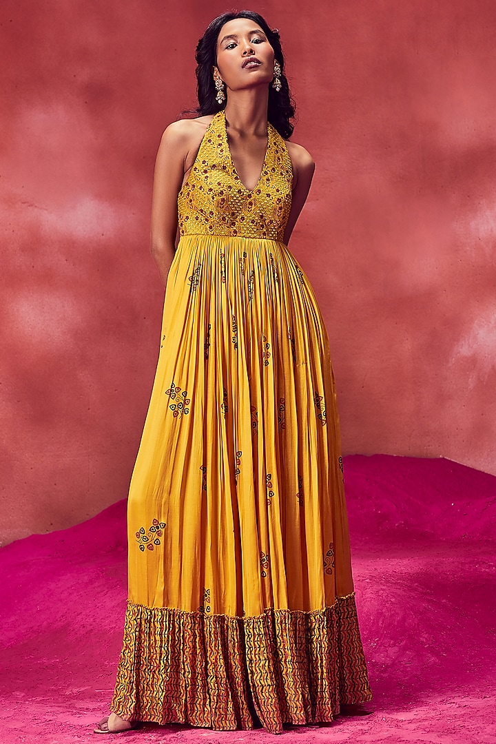 Yellow Satin Silk Printed & Embroidered Dress by Punit Balana