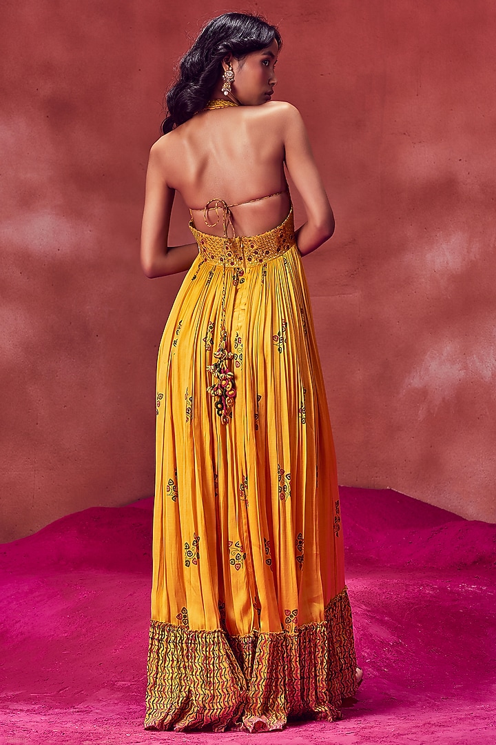 Yellow Satin Silk Printed & Embroidered Cocktail Dress by Punit Balana at Pernia's Pop Up Shop