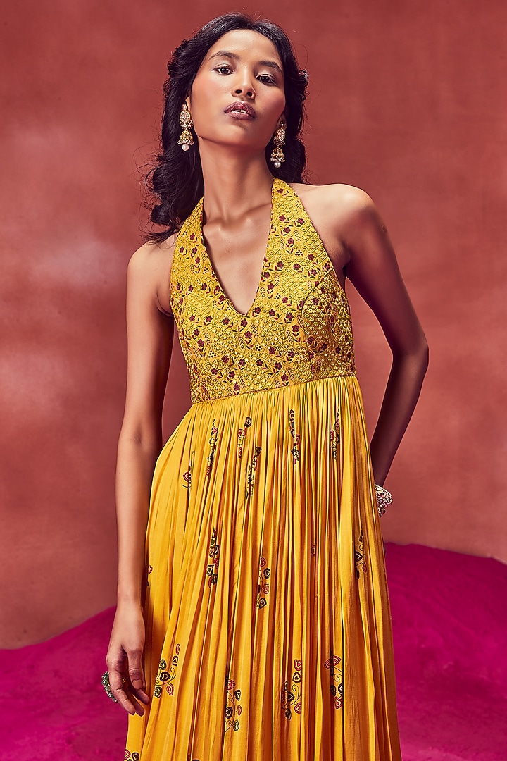 Yellow Satin Silk Printed & Embroidered Cocktail Dress by Punit Balana at Pernia's Pop Up Shop