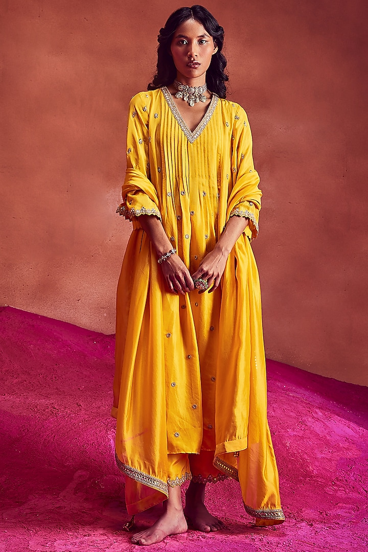 Yellow Silk & Organza Embroidered Anarkali Set by Punit Balana