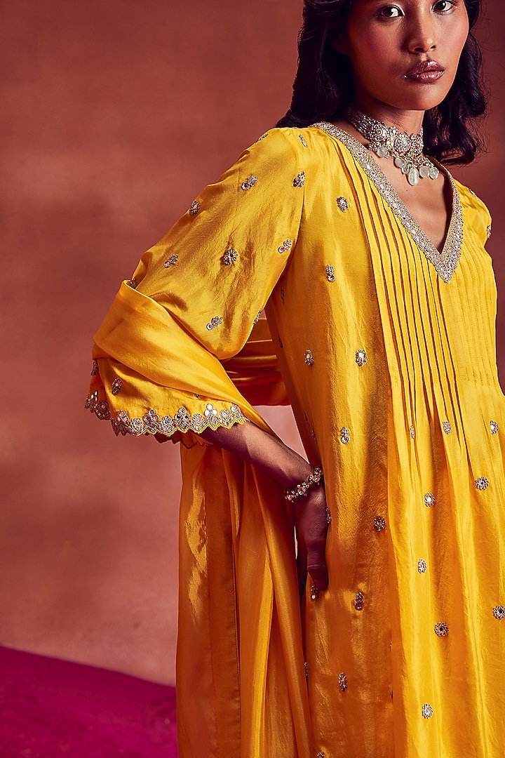 Yellow Silk & Organza Embroidered Wedding Anarkali Set by Punit Balana at Pernia's Pop Up Shop