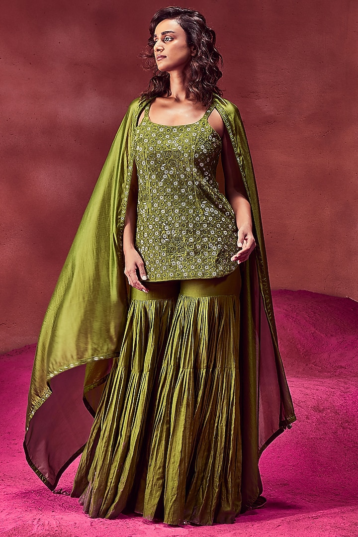 Olive Green Silk Gharara Set by Punit Balana
