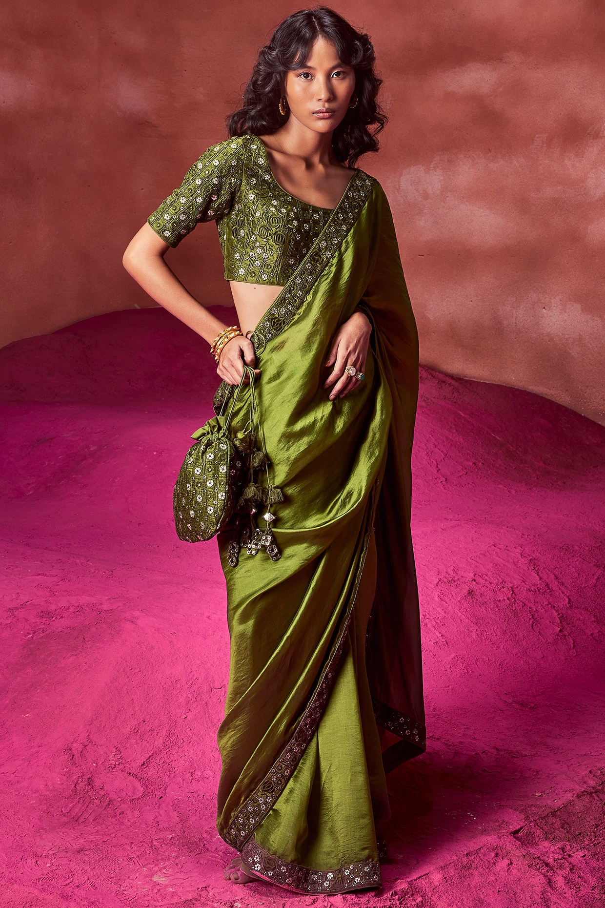 Olive Green Organza Silk Embroidered Saree Set Design By Punit Balana ...