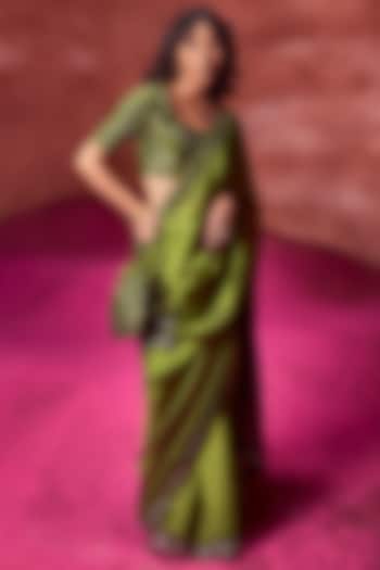 Olive Green Organza Silk Resham Embroidered Saree Set by Punit Balana