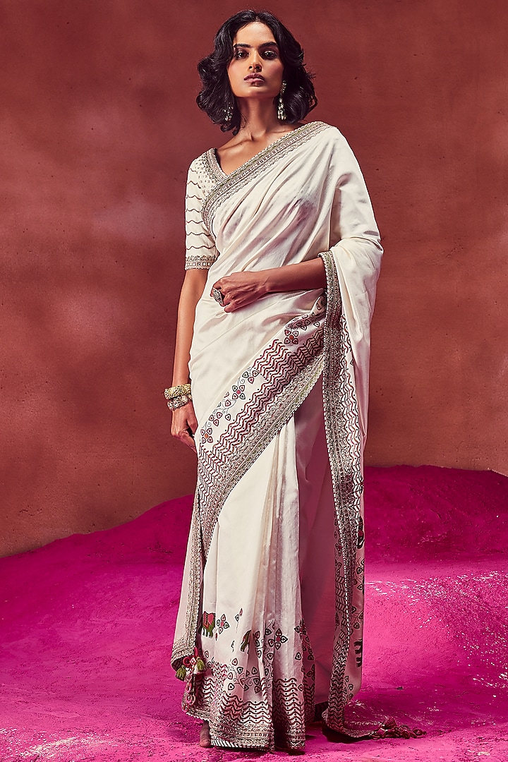 Ivory Tussar Silk Hand Block Printed & Embroidered Saree Set by Punit Balana
