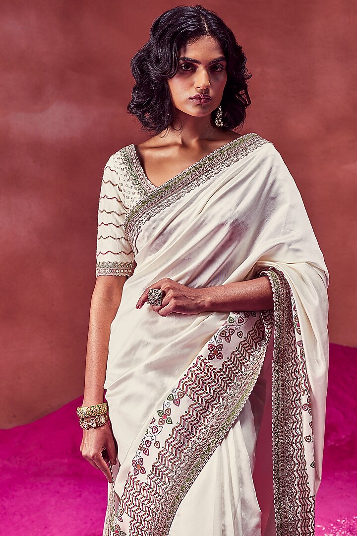 Ivory Tussar Silk Hand Block Printed & Embroidered Wedding Saree Set by Punit Balana at Pernia's Pop Up Shop