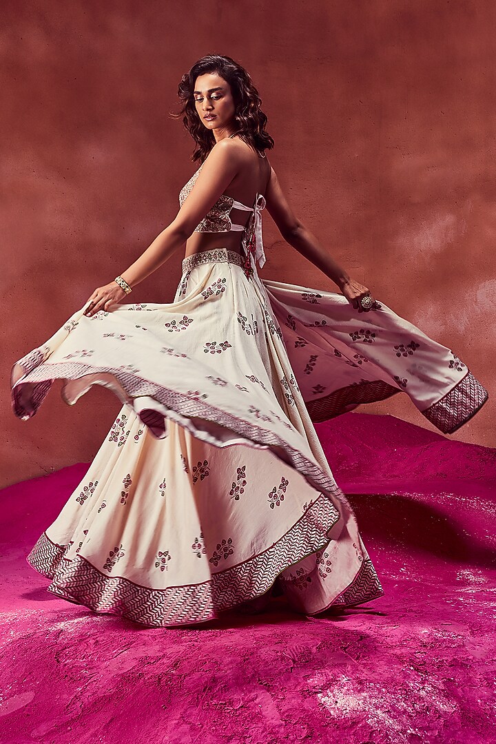 Ivory Tussar Silk Hand Block Printed Wedding Lehenga Set by Punit Balana at Pernia's Pop Up Shop