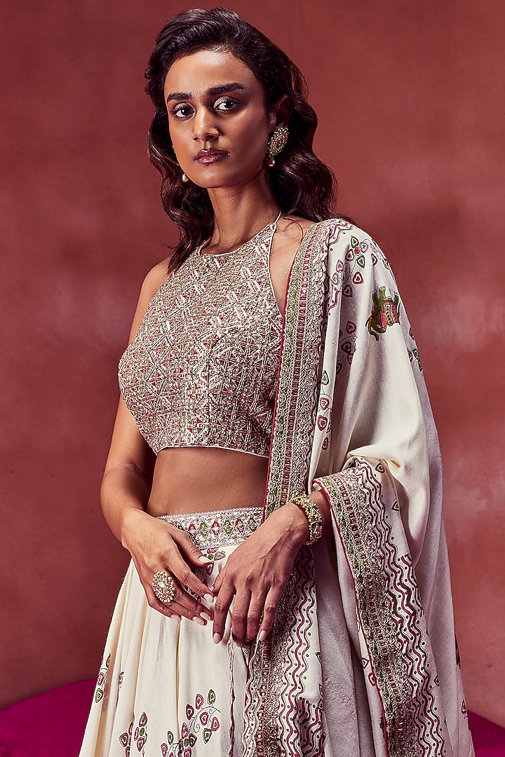 Ivory Tussar Silk Hand Block Printed Wedding Lehenga Set by Punit Balana at Pernia's Pop Up Shop