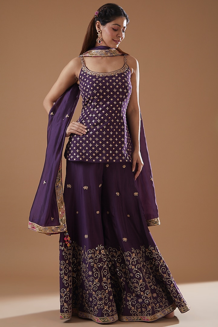 Purple Silk Organza Sharara Set by Punit Balana