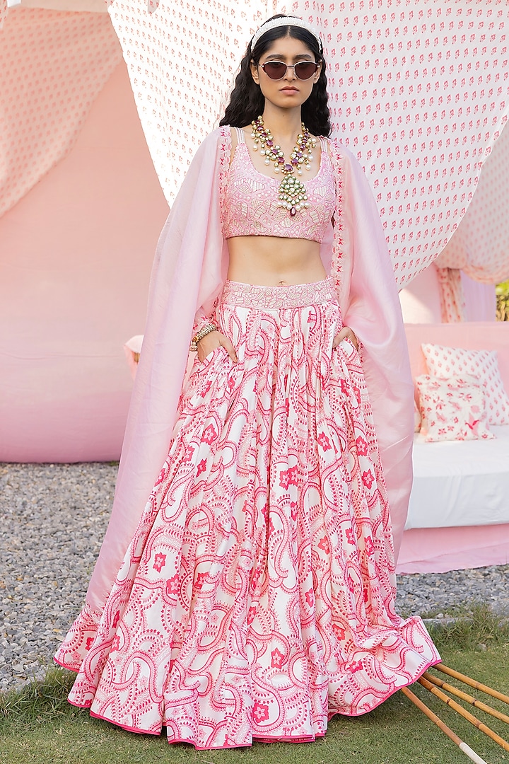 Ivory & Masoom Gulabi Silk Chanderi Printed Wedding Lehenga Set by Punit Balana at Pernia's Pop Up Shop