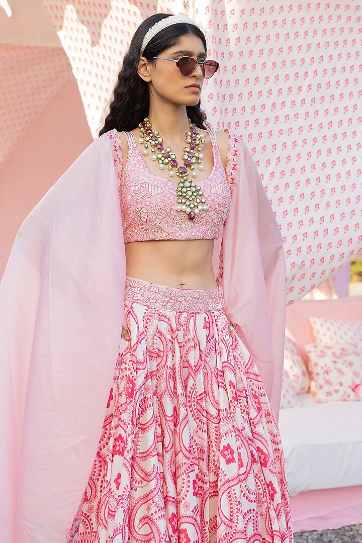 Ivory & Masoom Gulabi Silk Chanderi Printed Wedding Lehenga Set by Punit Balana at Pernia's Pop Up Shop