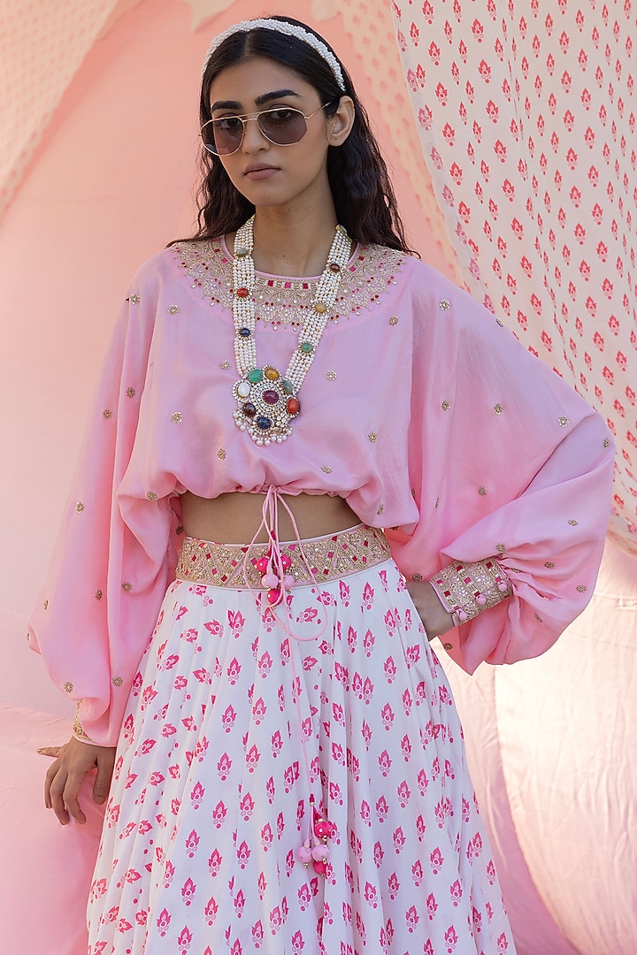 Ivory & Masoom Gulabi Silk Chanderi Motif Printed Wedding Lehenga Set by Punit Balana at Pernia's Pop Up Shop