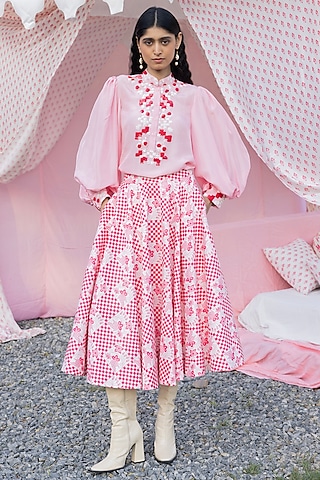 Ivory & Masoom Gulabi Silk Chanderi Checkered Printed Skirt Set by Punit Balana