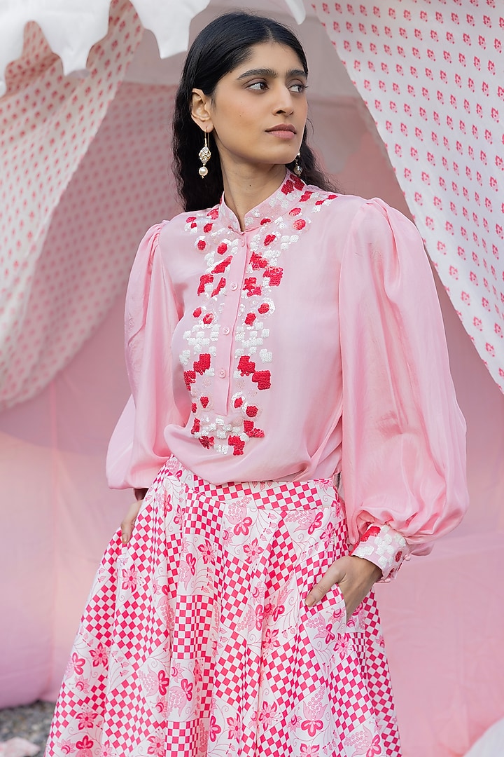 Ivory & Masoom Gulabi Silk Chanderi Checkered Printed Skirt Set by Punit Balana at Pernia's Pop Up Shop