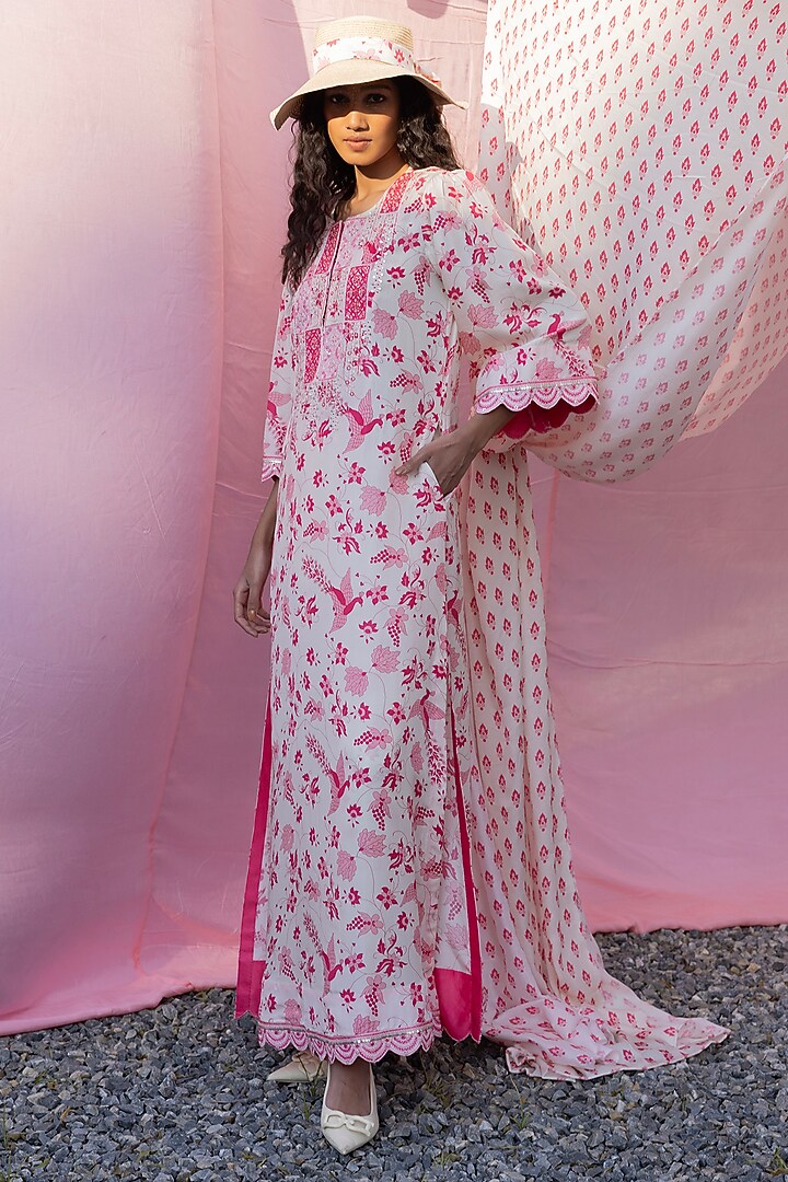 Ivory Silk Printed & Resham Embroidered Long Kurta Set by Punit Balana at Pernia's Pop Up Shop