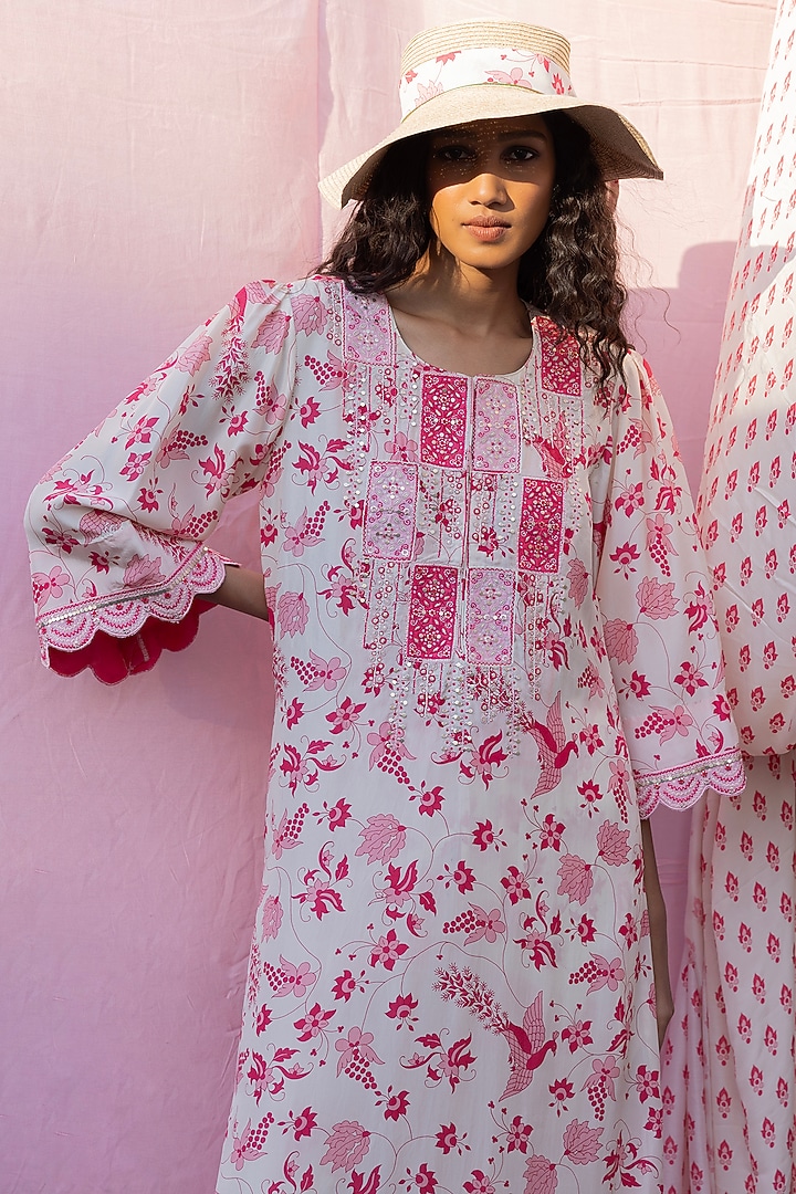 Ivory Silk Printed & Resham Embroidered Long Kurta Set by Punit Balana at Pernia's Pop Up Shop