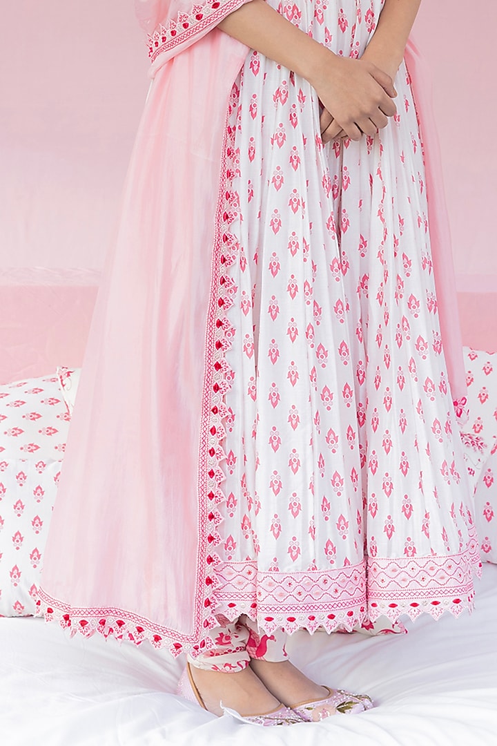 Ivory & Masoom Gulabi Chanderi Silk Printed Angrakha Kalidar Wedding Anarkali Set by Punit Balana at Pernia's Pop Up Shop