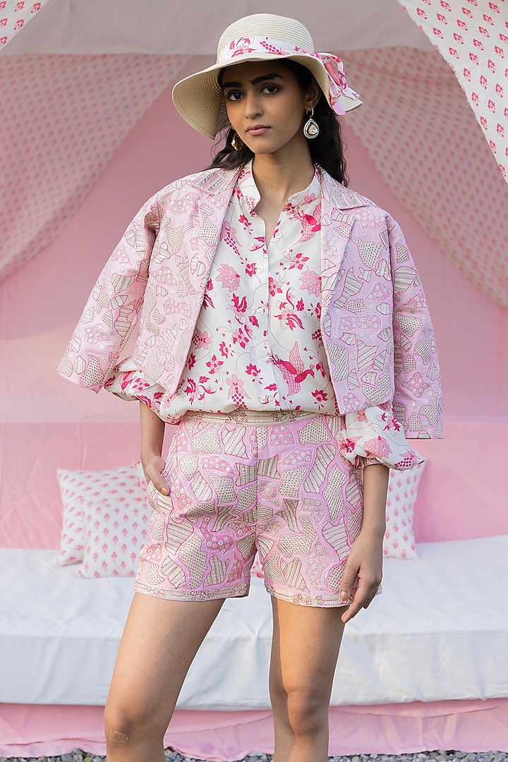 Ivory & Masoom Gulabi Chanderi Silk Printed Crop Jacket Set by Punit Balana at Pernia's Pop Up Shop