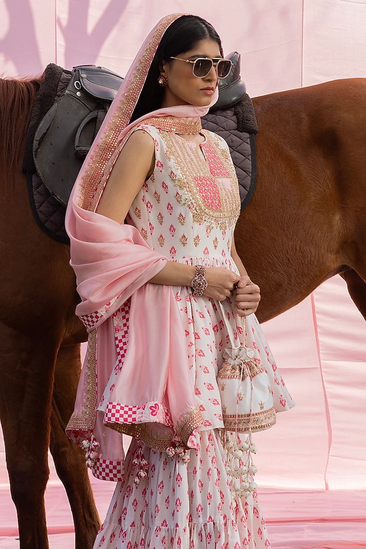 Ivory Chanderi Silk Printed Gharara Set by Punit Balana at Pernia's Pop Up Shop