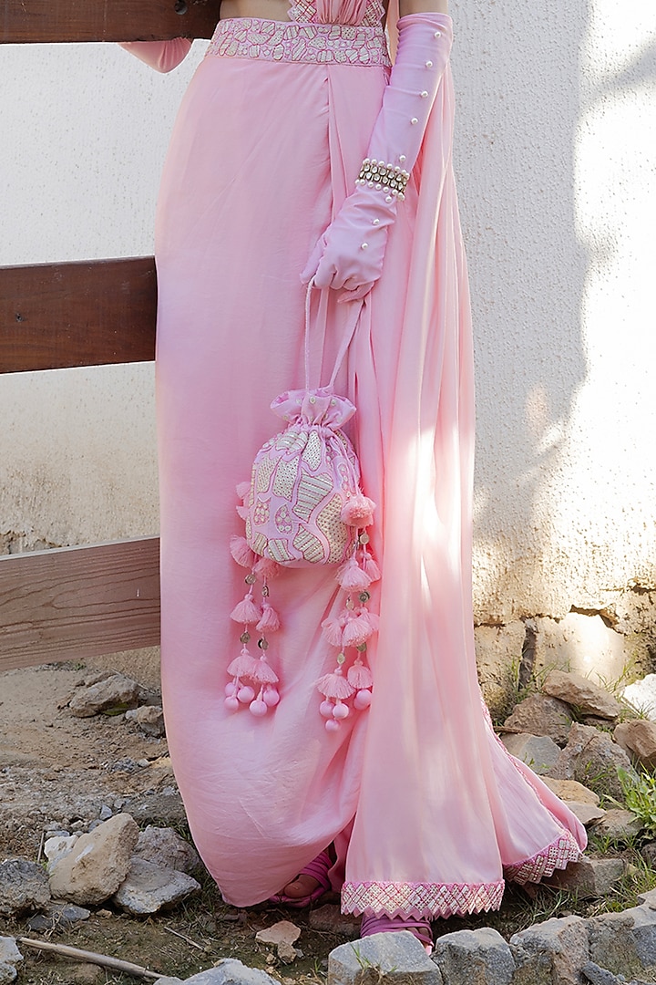 Gulabi Satin Silk Draped Wedding Saree Set by Punit Balana at Pernia's Pop Up Shop