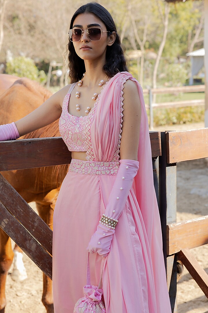 Gulabi Satin Silk Draped Wedding Saree Set by Punit Balana at Pernia's Pop Up Shop