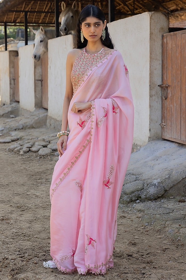 Gulabi Organza Silk Marodi Handwork Wedding Saree Set by Punit Balana at Pernia's Pop Up Shop